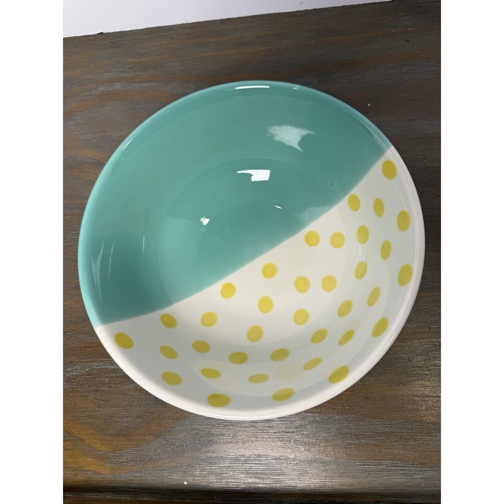 Aqua Turquoise Yellow Polka Dot Ceramic Serving Bowl 8" Retro Mod